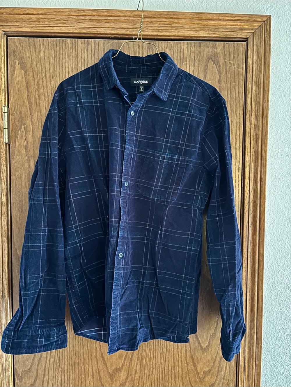 Express Men's Dark Blue Windowpane Plaid Button-Down Shirt